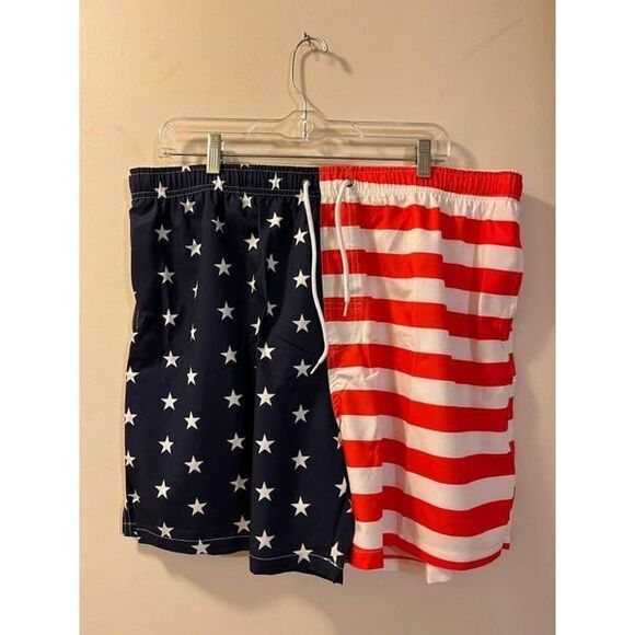 Aimage Swimming Trunks Men 2XL Multicolor Drawstring USA Flag All Print Mid Rise - Picture 1 of 6